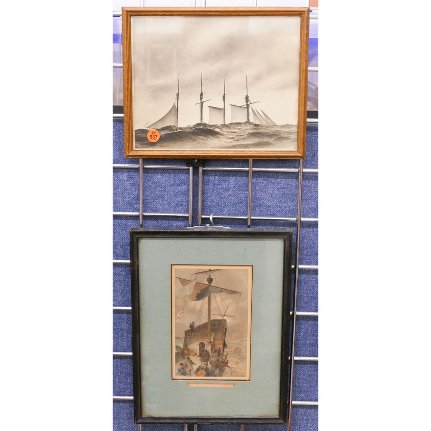 2pc Antique Ship Photo and Engraving Framed- largest 12x9''