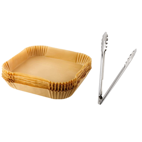100 x Square Disposable Air Fryer Parchment Paper Liners Tongs Brown 16 cm 20 cm |