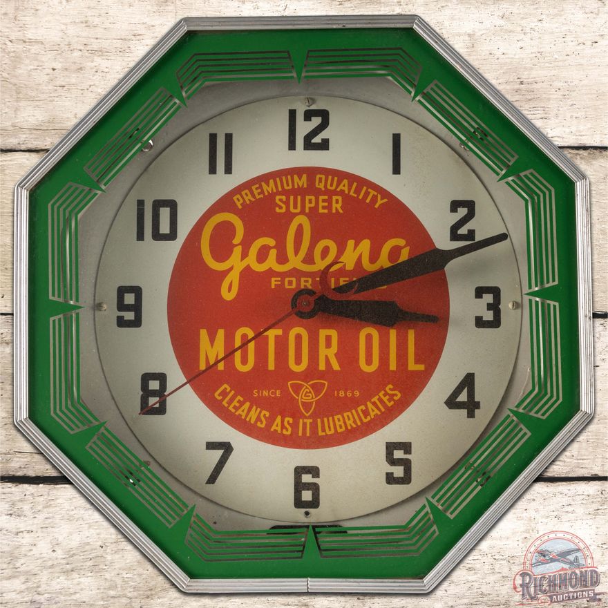 Galena Fortified Motor Oil Octagon Neon Advertising Clock