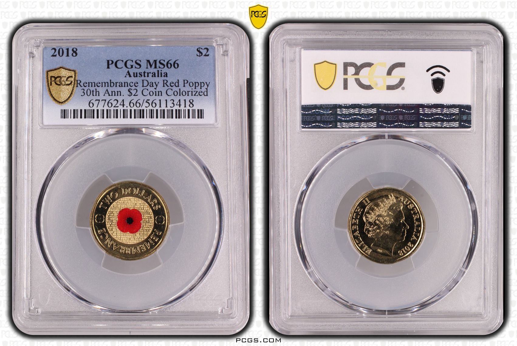 Remembrance Day Red Poppy 30th Ann. $2 Coin Colourised, Two Dollar, 2018, MS66