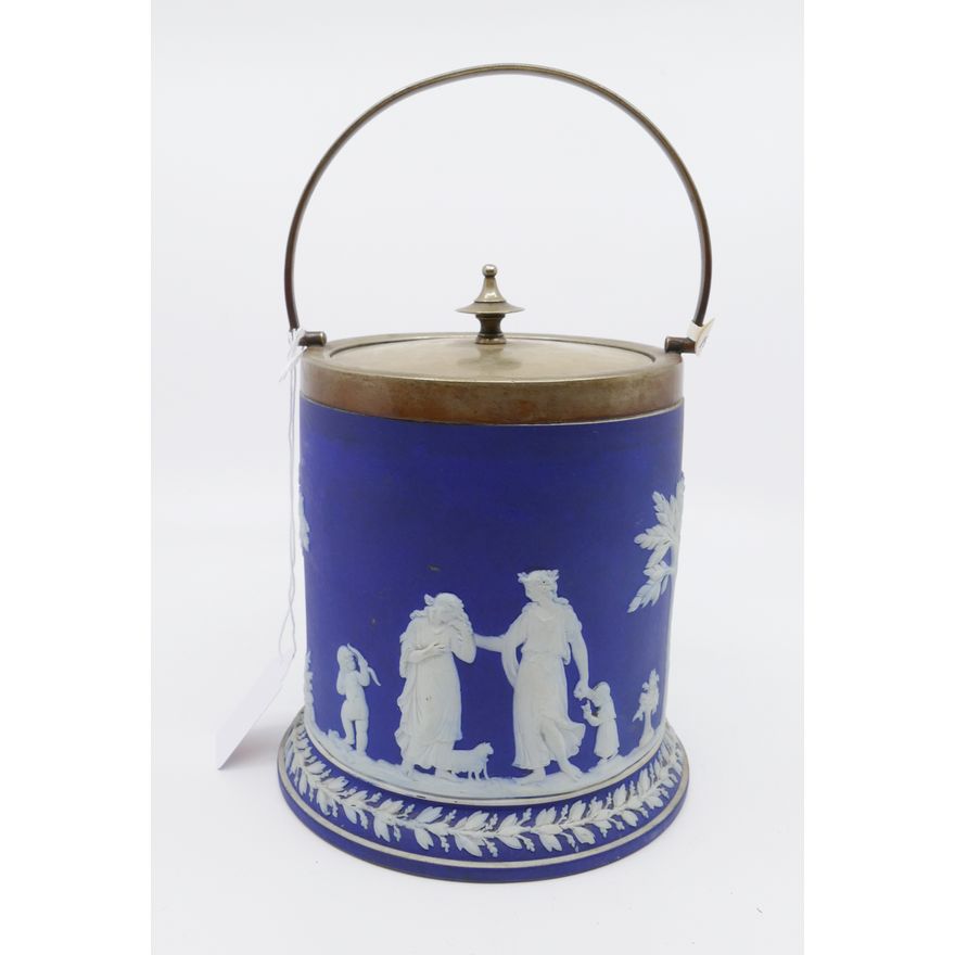 Antique Wedgwood Blue Jasperware Dipped Biscuit Jar- 6"