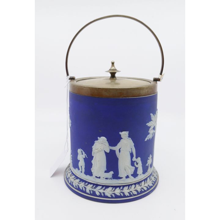 Antique Wedgwood Blue Jasperware Dipped Biscuit Jar- 6"
