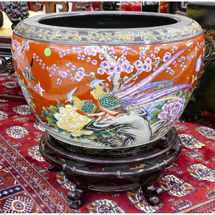 Chinese Coral Red Decorated Porcelain Planter on Stand 20''x21''