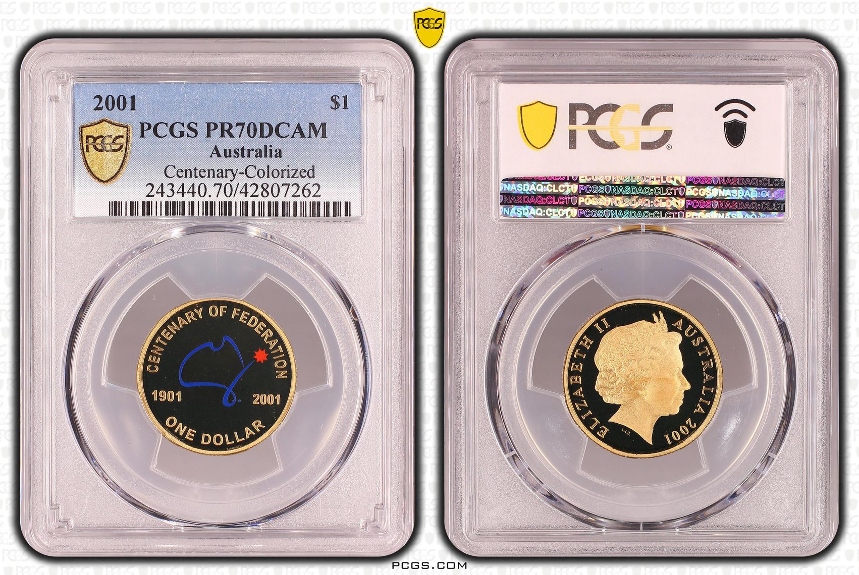 2001 Australia One Dollar, $1 Proof Centenary-Colorized PCGS - PR70DCAM POP 33/0 -262