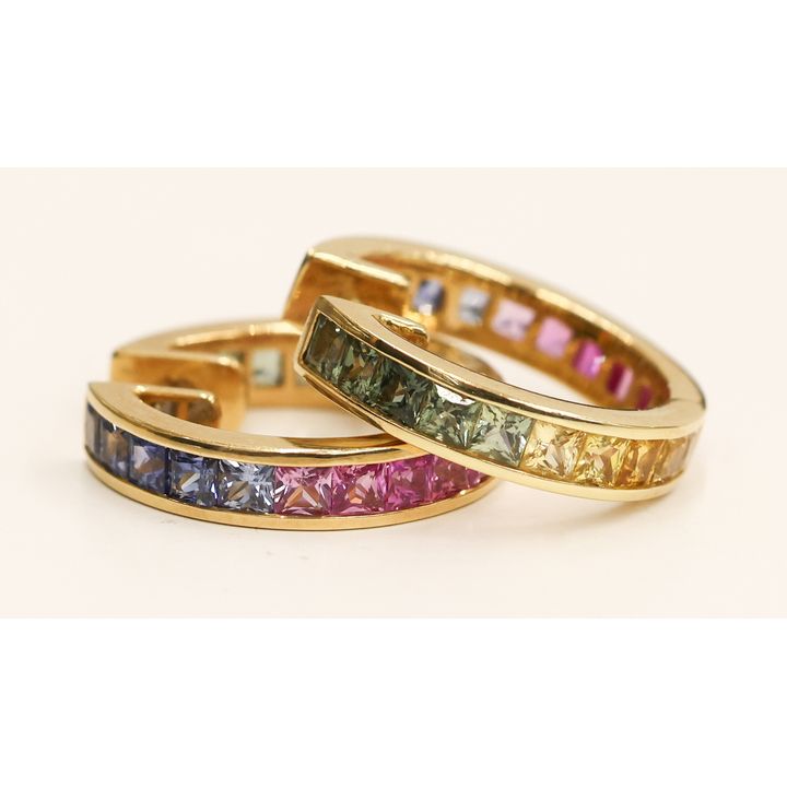 Pair 18k Multi Gemstone Rainbow Huggie Earrings