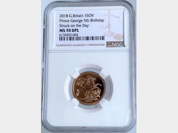 2018 ELIZABETH II PRINCE GEORGE 5TH BIRTHDAY SOTD PLAIN EDGE GOLD SOVEREIGN MS70 DPL