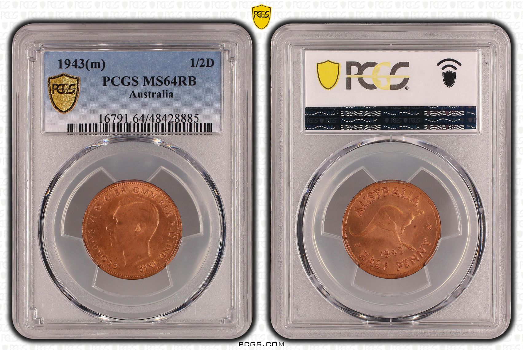 George VI, Halfpenny, 1943(m), PCGS MS64RB