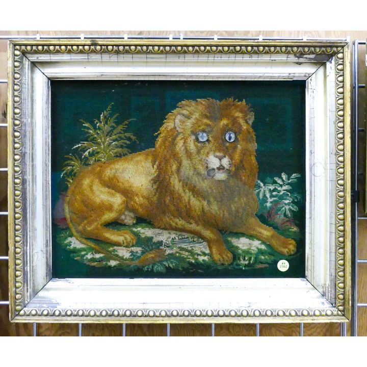 Antique Reclining Lion Needlwork Relief Framed- 17x21''