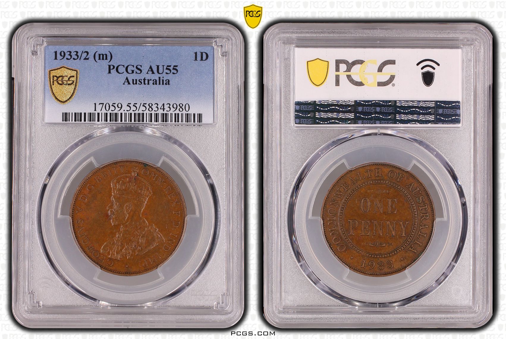 George V, Penny, 1933/2, PCGS AU55BN