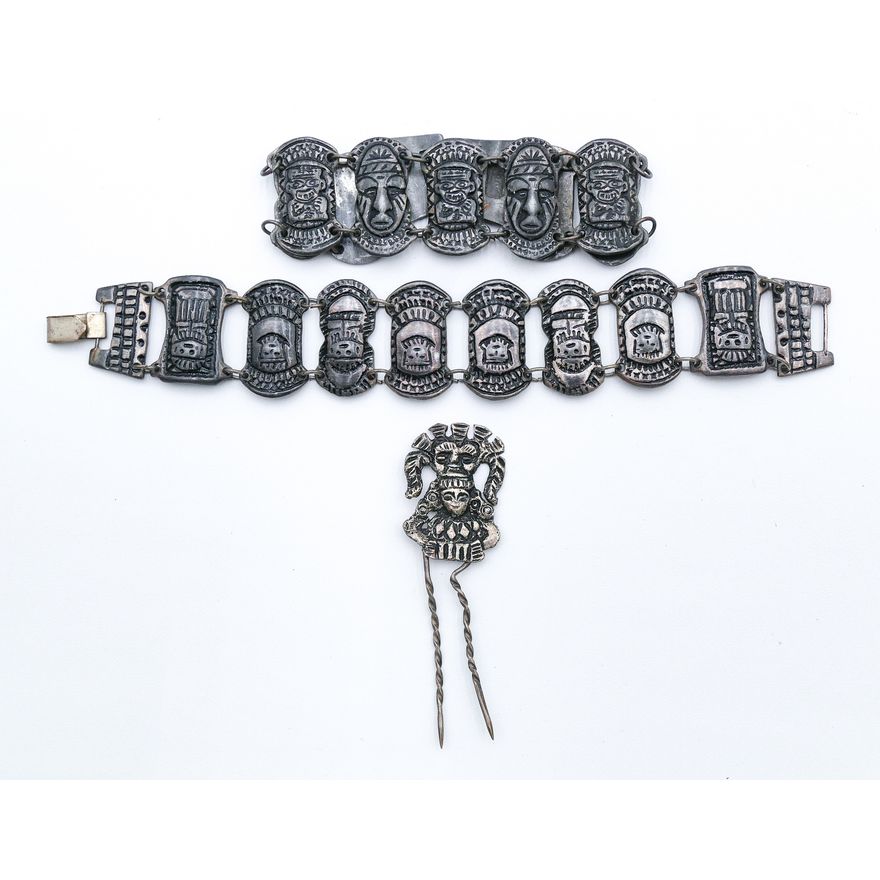 Box Mid Century Aztec Style Metal Jewelry