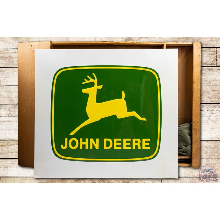 NOS John Deere w/ Leaping Deer Logo Metal Dealership Sign & Original Crate