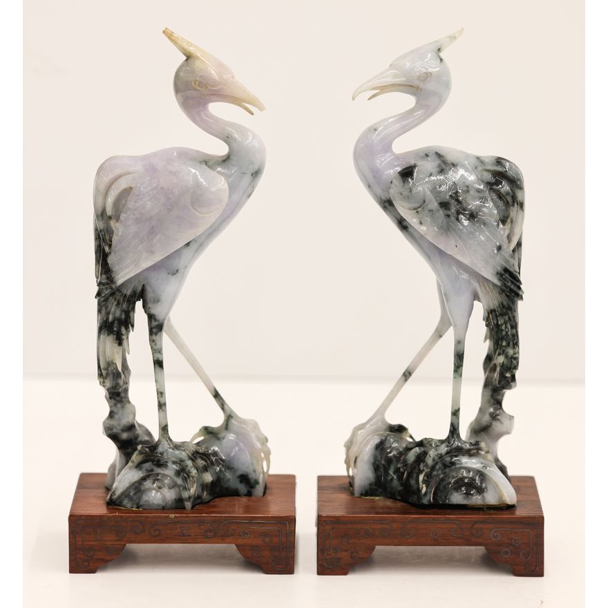 Pair Chinese Jadeite Crane Birds on Stands