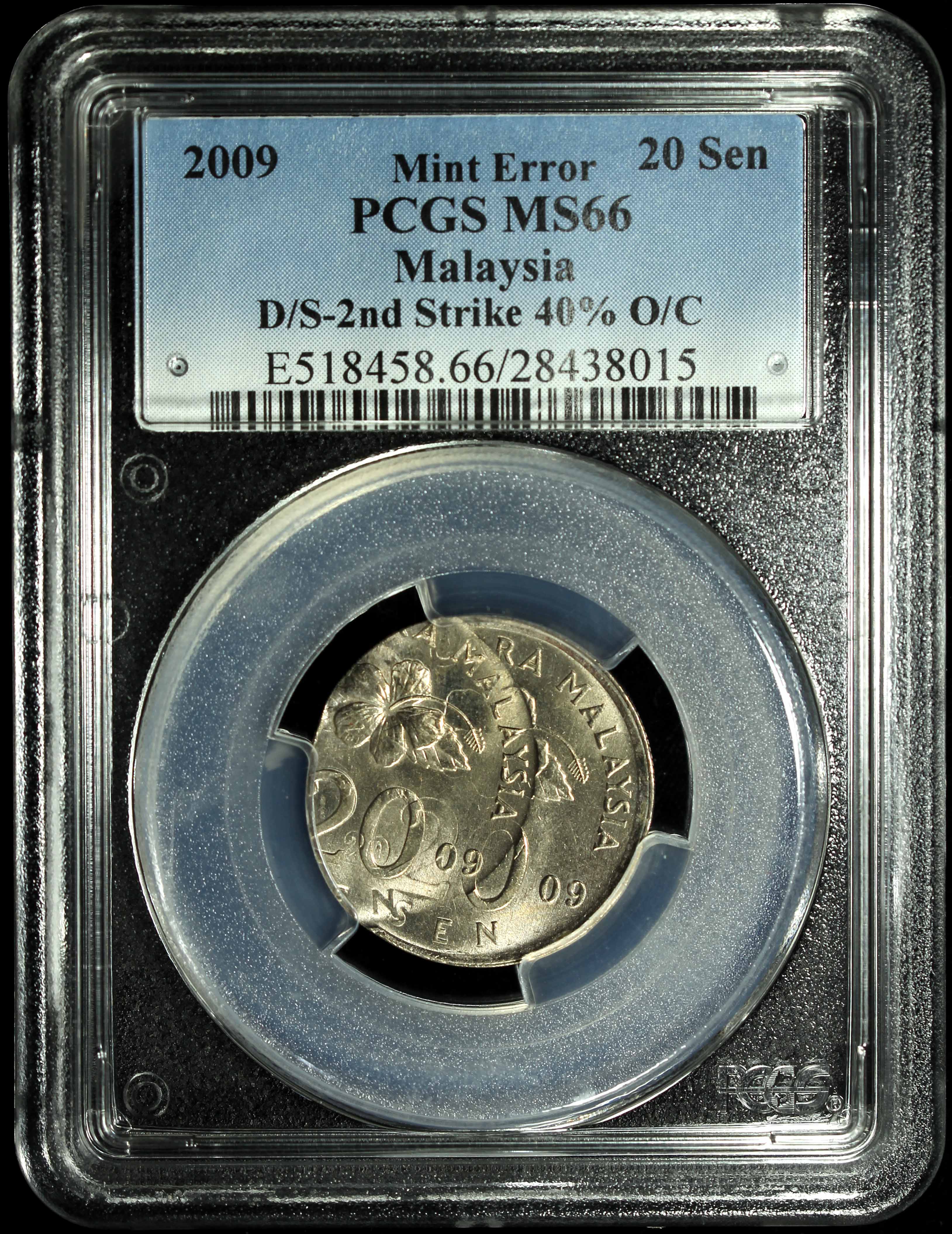 Malaysia, 2009, 20 Sen, PCGS Mint Error MS66. Double struck off