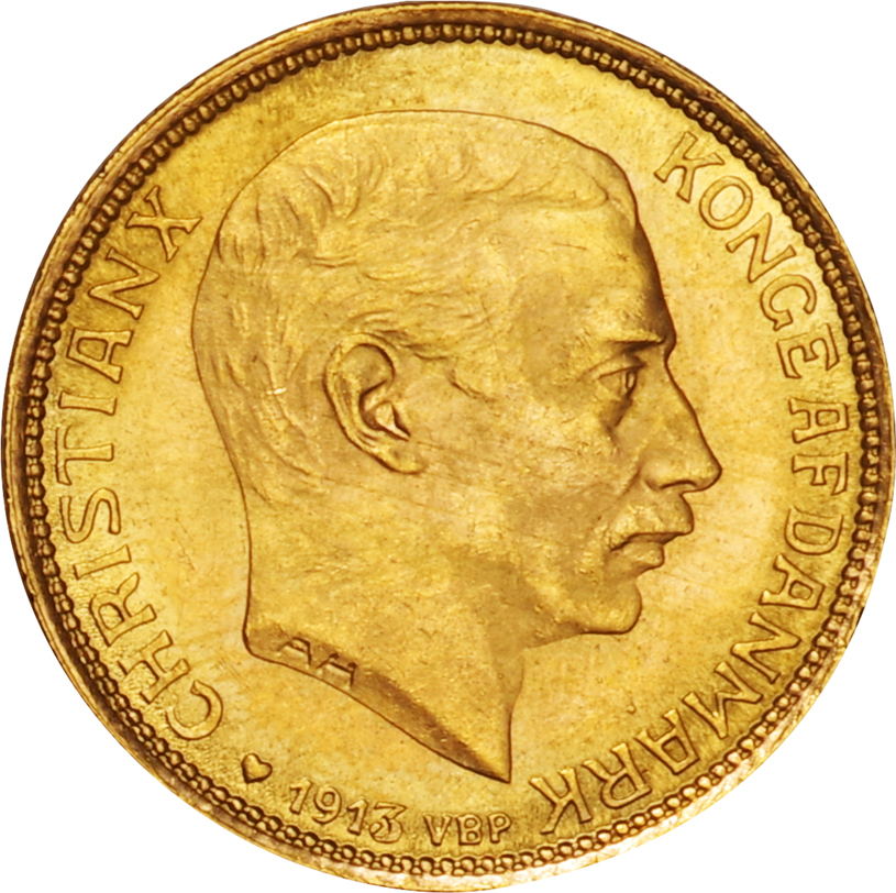 デンマーク-Denmark. 1913. Gold. 20クローネ(Kroner). 極美／未. AU