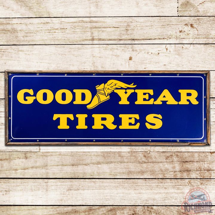 NOS Goodyear Tires SS Porcelain Sign w/ Wooden Frame & Wingfoot