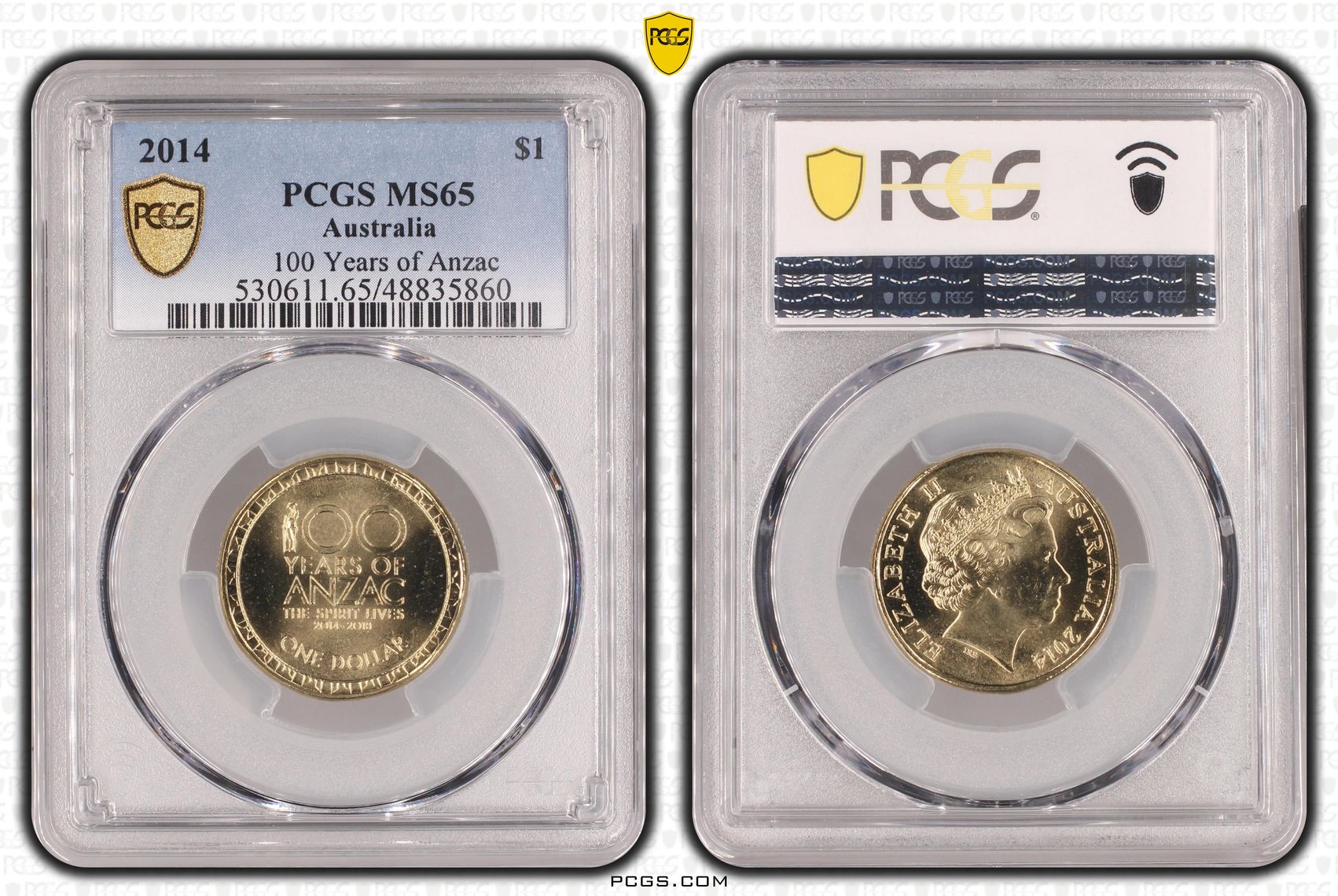 399 · Elizabeth II, 100 Years of Anzac , One Dollar, 2014, PCGS MS65