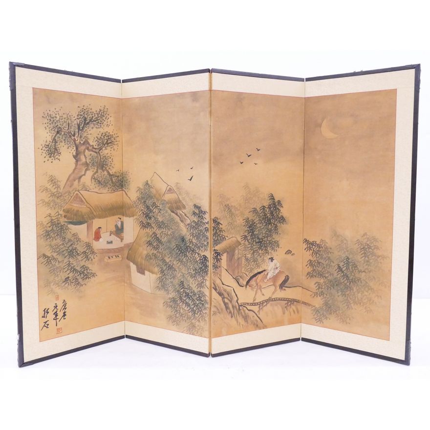 Japanese Painted Landscape with Huts 4 Panel Screen- 36x54''