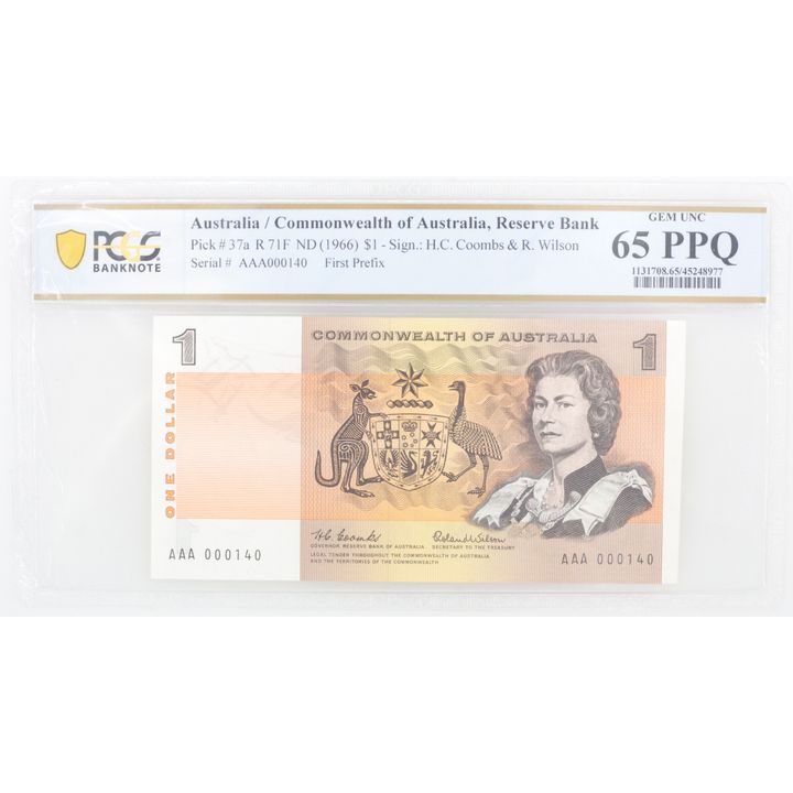 1966 Australia $1 Banknote Coombs/Wilson Gem Unc 65 PPQ First Prefix - R.71F