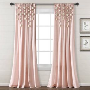 84"X52" BOHO POM POM TASSEL LINEN WINDOW CURTAIN PANELS BLUSH - LUSH D COR