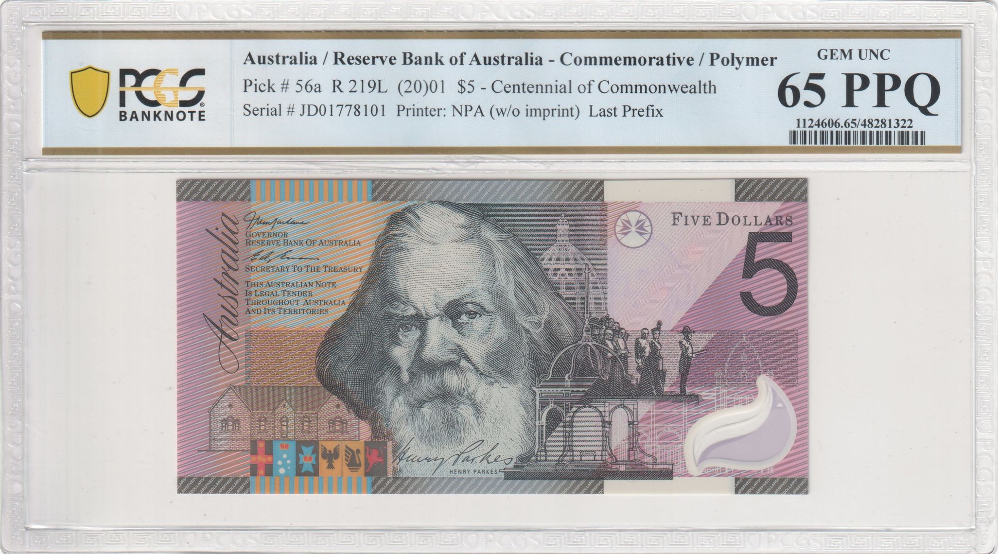 McFarlane/Evans, Last Prefix, Five Dollar, 2001, PCGS Gem UNC 65 PPQ
