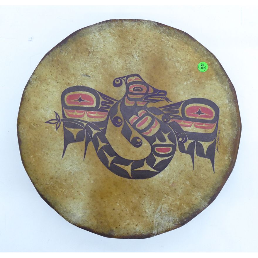 NW Coast Painted Thunderbird Serpent Drum 16'' - Illegibly signed Jason . . .