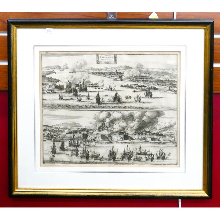 Pieter Vander Aa 'La Ville De Palimbang, Sumatra' Maritime Battle Scene Engraving, 1725. Framed- 18x21''
