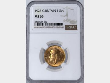 1925 GEORGE V 'HIGH RIM' LONDON MINT GOLD SOVEREIGN MS66
