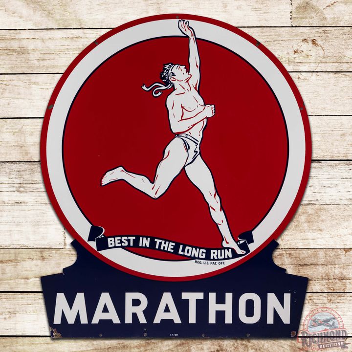 Excellent 1958 Marathon Gasoline "Best in the Long Run" DS Porcelain Keyhole Sign w/ Running Man