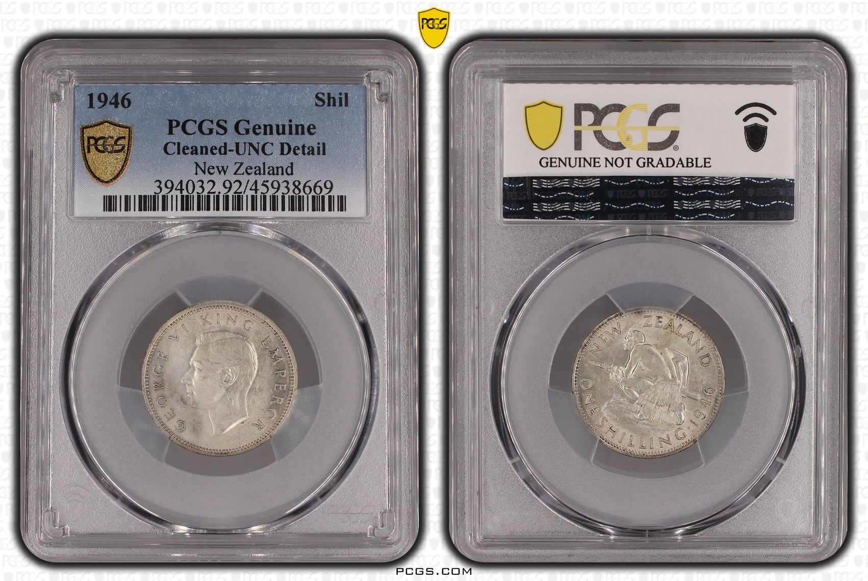 1946 New Zealand Shilling PCGS - Genuine - UNC Details (92 - Cleaned) -669