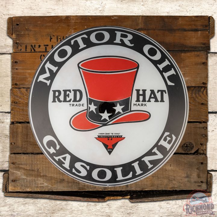 NOS Red Hat Motor Oil Gasoline Single 15" Gas Pump Globe Lens w/ Original Wooden Crate