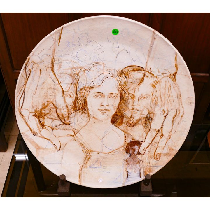 Kathleen Skeels Woman Painted Studio Pottery Charger on Stand- 21''