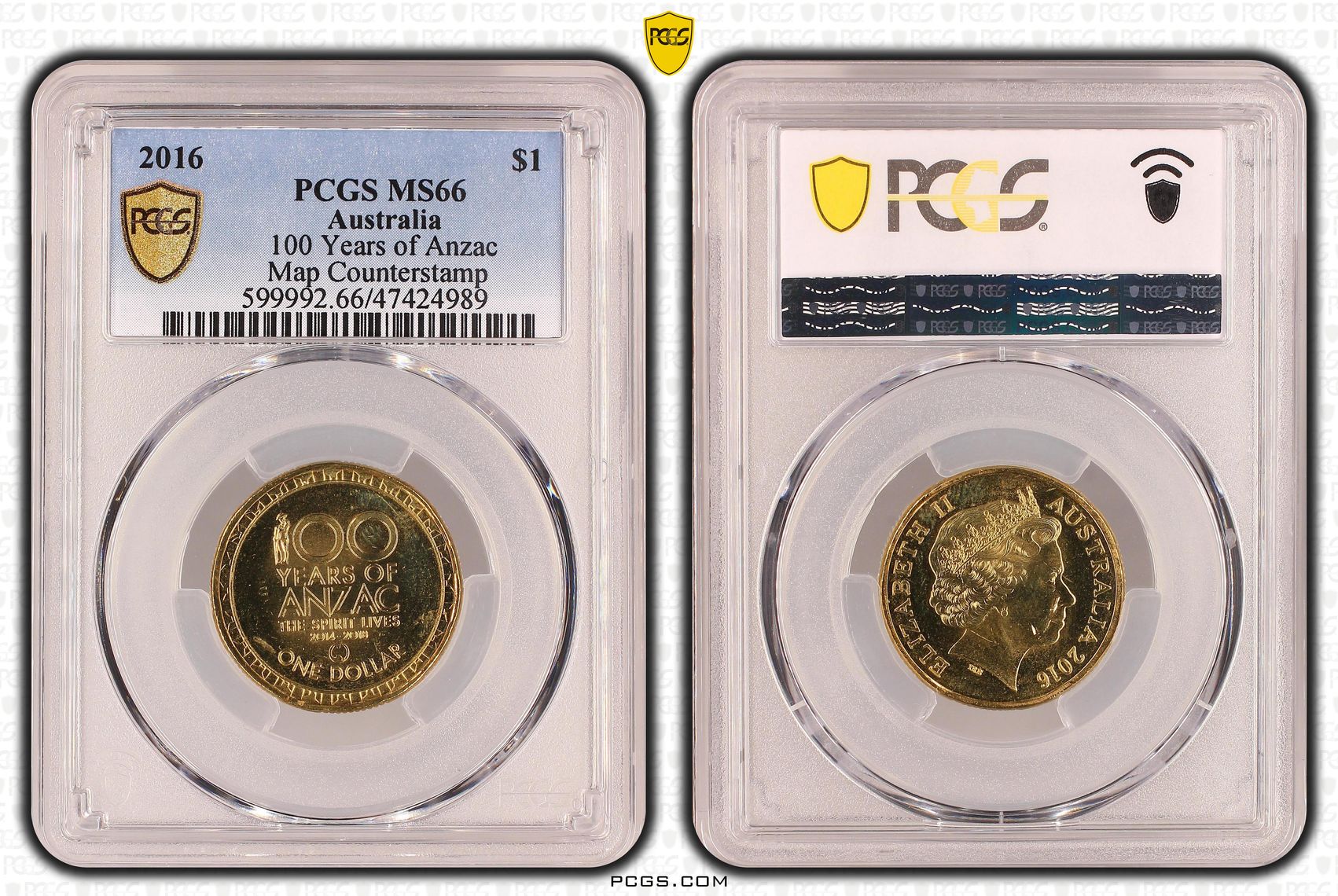 100 Years of Anzac, Map Counterstamp, One Dollar, 2016, PCGS MS 66