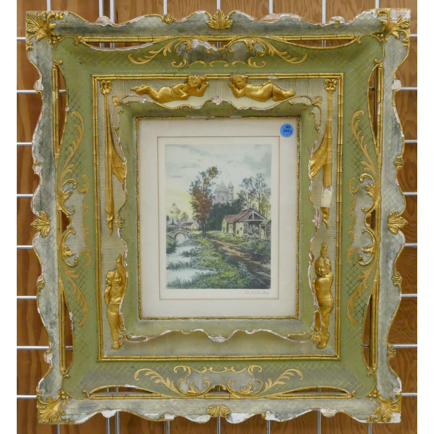 Vintage European Cottage Scene Etching Ornate Framed 23''x20''
