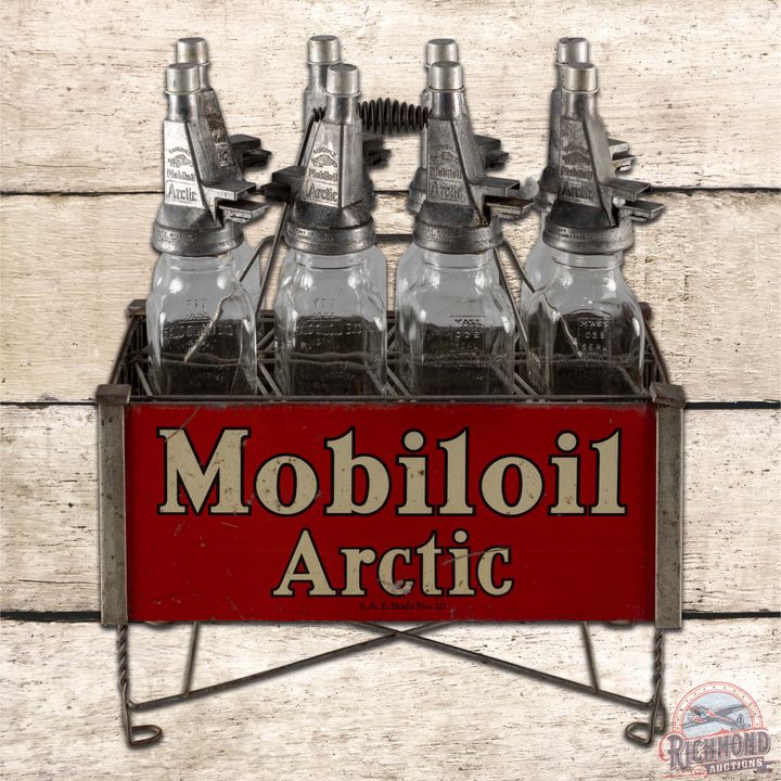 Mobiloil Arctic Filpruf Display Complete w/ 8 Glass Oil Bottles & Spouts