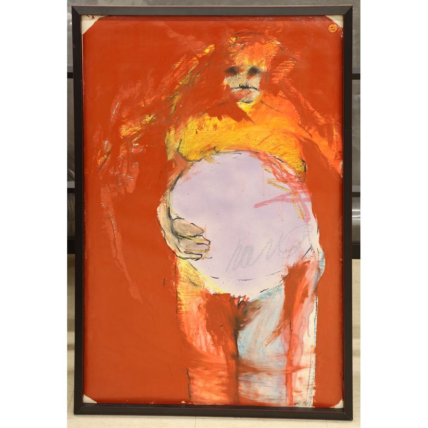 Abstract Figure with Red 1969 Painting Framed 38''x26''
