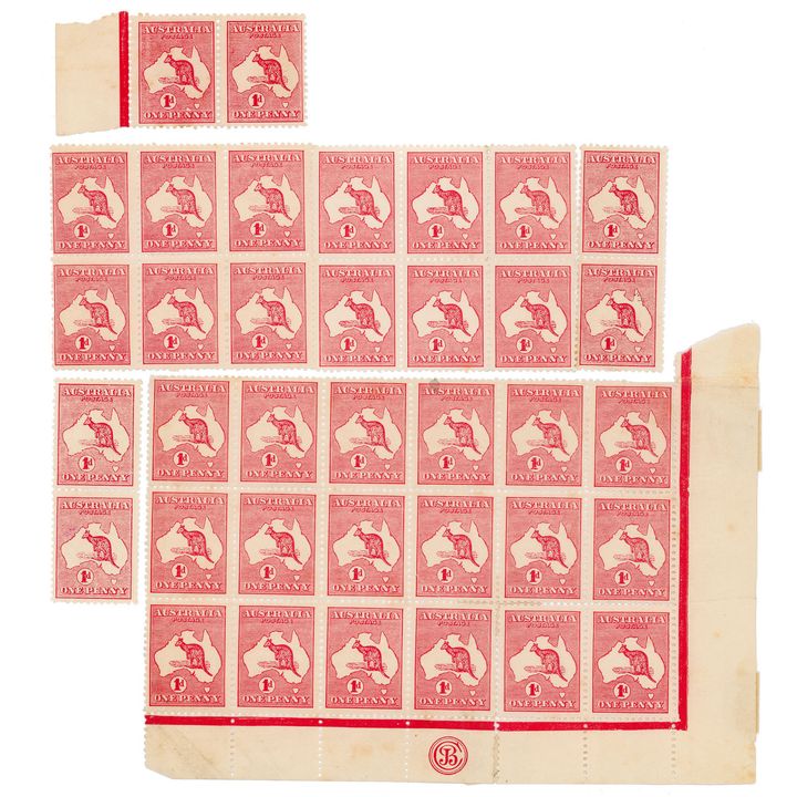 Red Kangaroos in blocks & pair, One Penny, 1913,