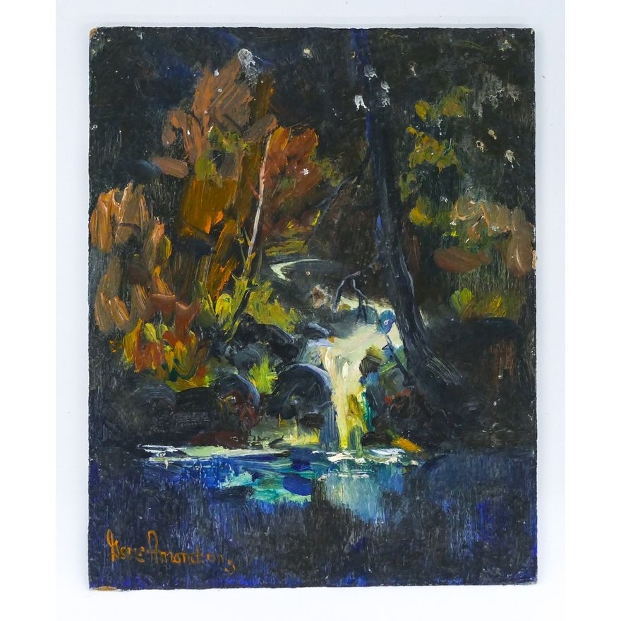 Gene Amondson ''Waterfall in the Forest'' Oil on Masonite 10''x8''