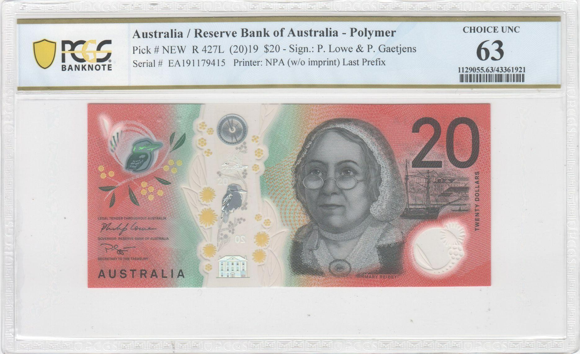 114 · R. 427L, RBA, Polymer, NPA (w/o imprint), Sign.: P. Lowe & P. Gaetjens, Last Prefix, Twenty Dollar, 2019, PCGS - Choice UNC 63