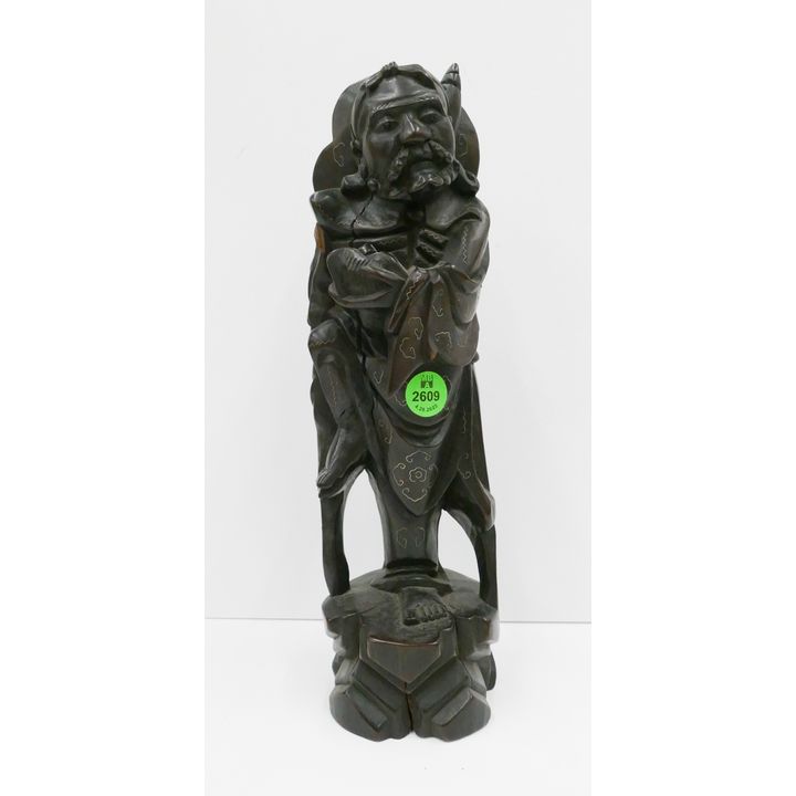 Old Chinese Silver Wire Inlaid Carved Deity- 11'' w/ some damage