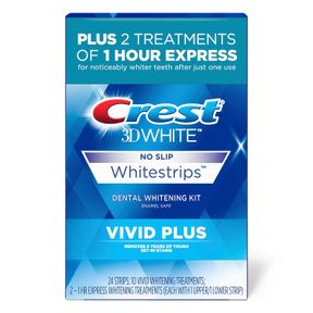 CREST 3DWHITESTRIPS VIVID PLUS WHITESTRIPS 3D WHITE, 10 TREATMENTS + 1 HOUR EXPRESS 2 TREATMENTS TEETH WHITENING KIT, 8 LEVELS WHI