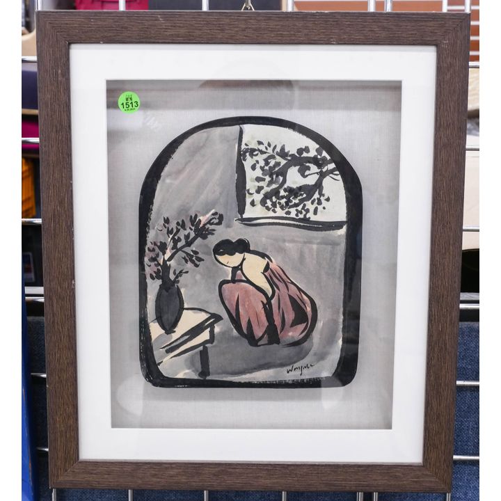 Modern Asian Painted Ceramic Plaque Framed- 17x15''