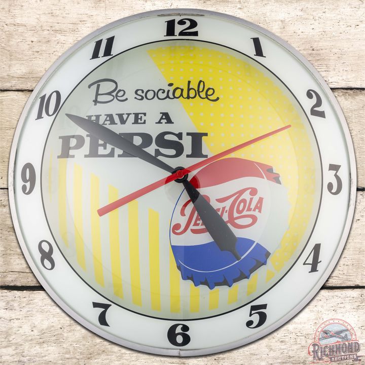 Be Sociable Have a Pepsi 15" Double Bubble Advertising Clock w/ Bottlecap