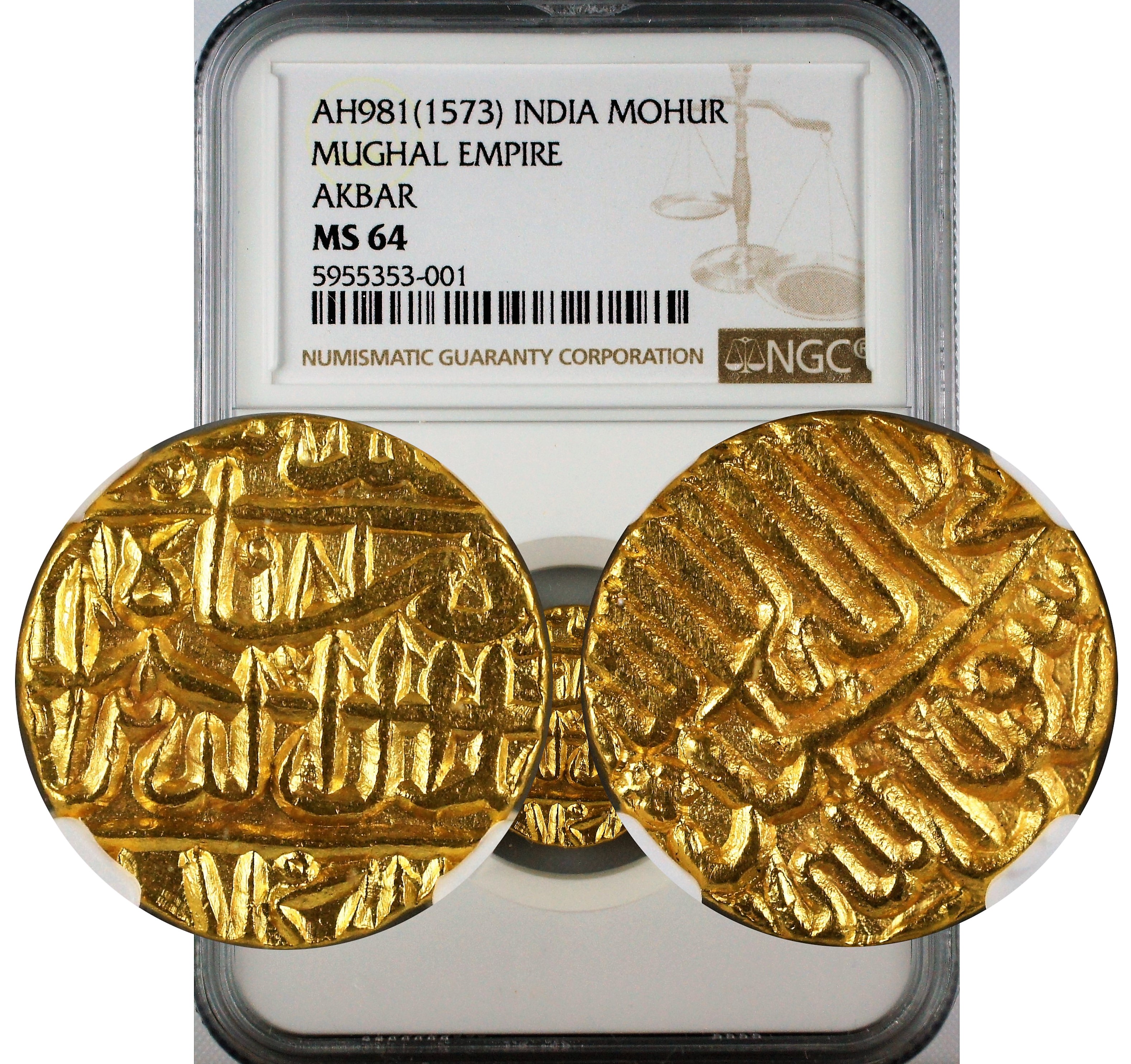 India Mughal Empire Akbar Gold Mohur Agra NGC MS64