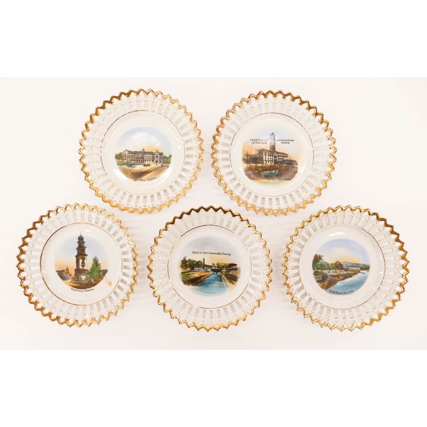 5pc Antique Penang Malaysia Souvenir Dishes 6"