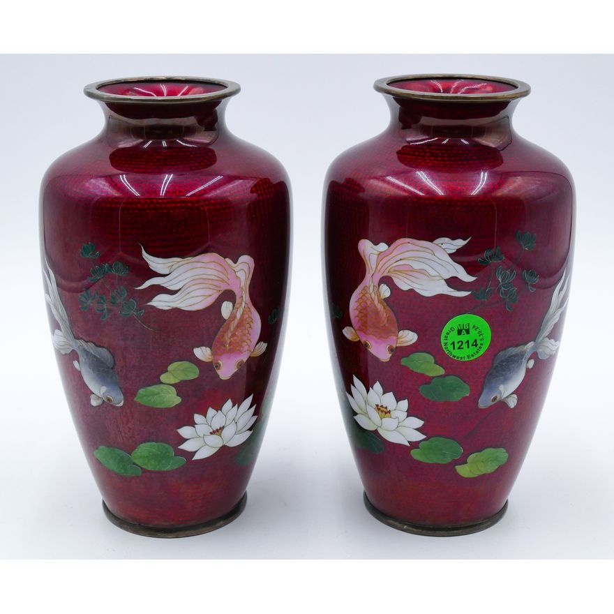 Pair Japanese Coy Fish Cloisonne Vases 7''