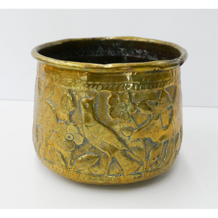 Antique Persian Brass Repousse Pot- 6'' diameter