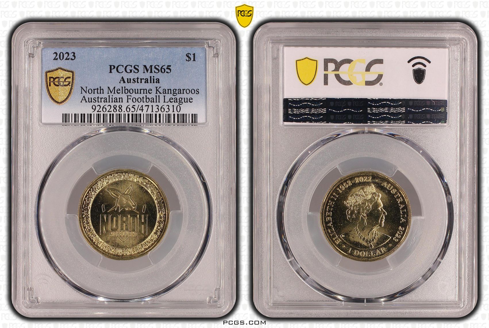 Elizabeth II, AFL - North Melbourne Kangaroos, One Dollar, 2023, PCGS MS65