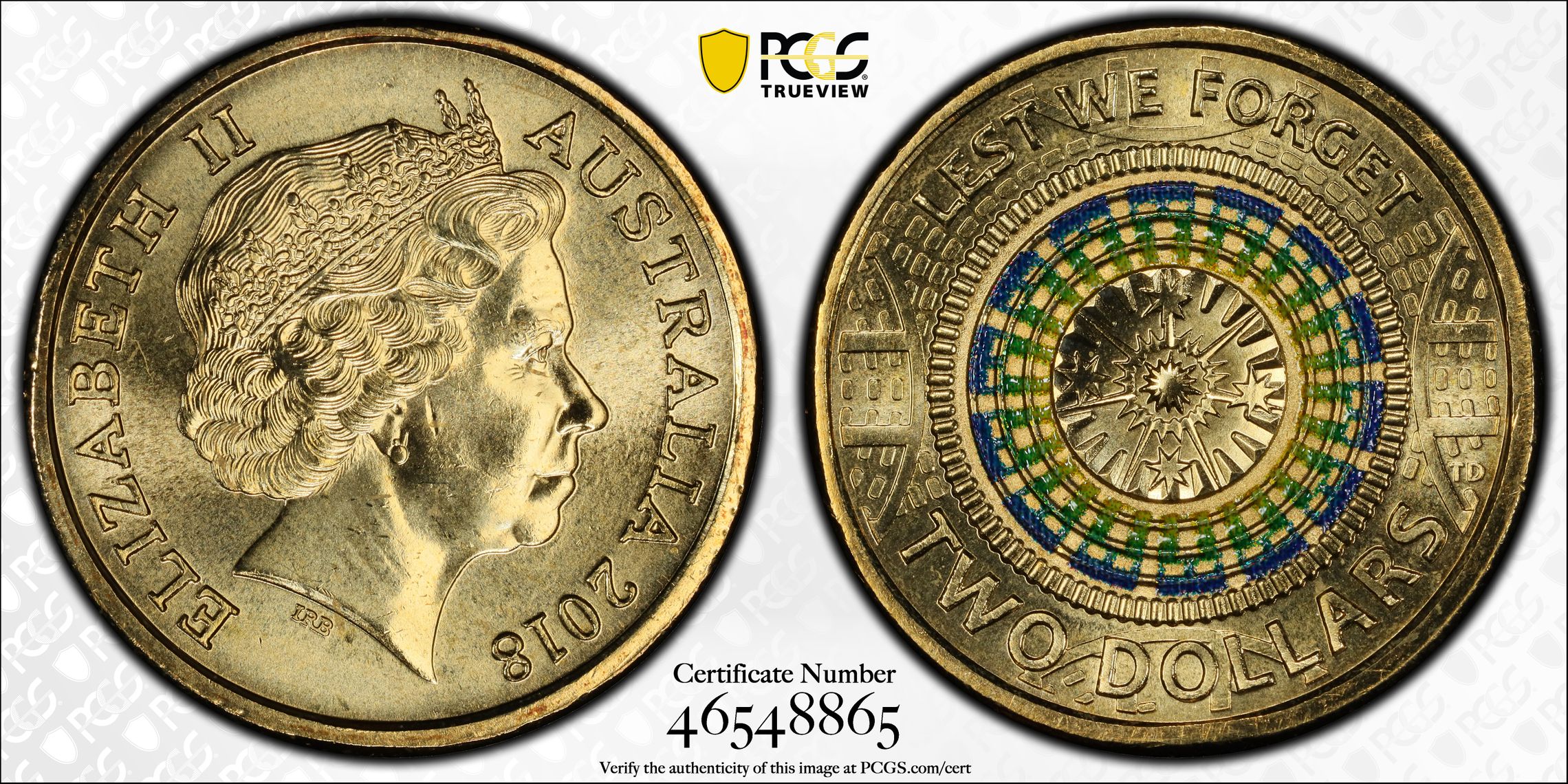 453 · Elizabeth II, Dome of Australian War Memorial 30th Ann. $2 Coin Colorized , Two Dollar, 2018, PCGS MS66