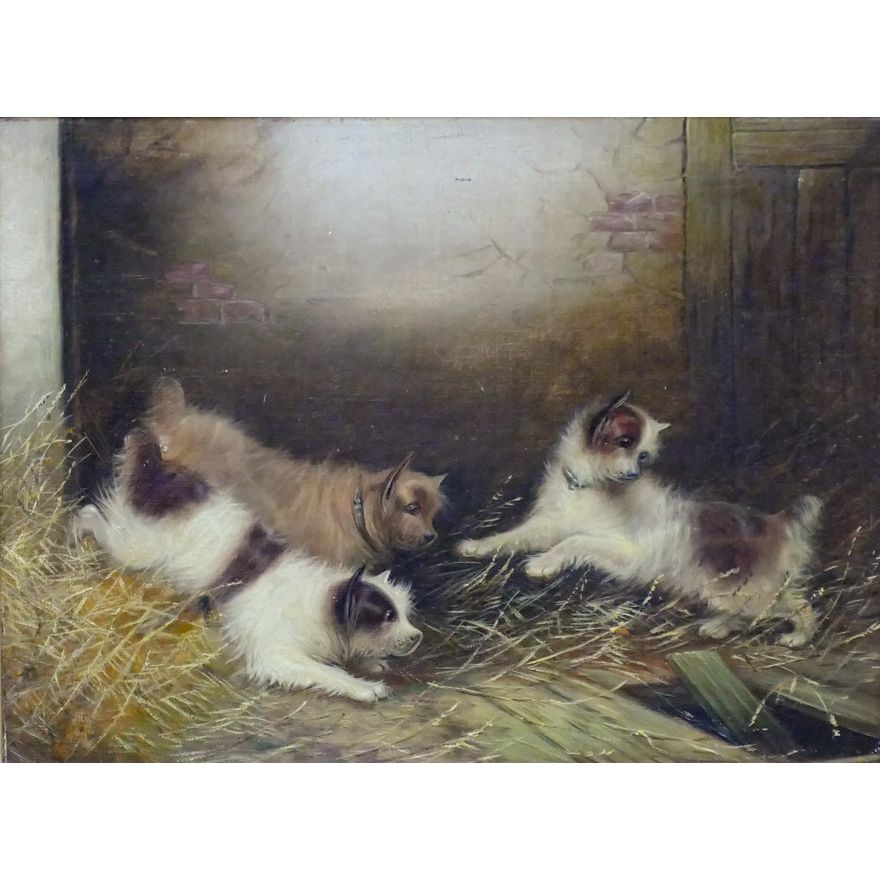 Attributed to Paul Jones (England 1855-1888) Terriers Oil on Canvas Framed- 17x21''