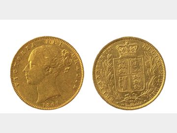 1866 VICTORIA YOUNG HEAD #DIE 38 LONDON MINT SHIELD SOVEREIGN